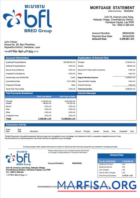 Blank Laos Banque Franco Lao mortgage statement Word and PDF template